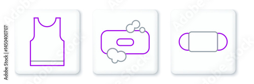 Set line Medical protective mask, Sleeveless T-shirt and Bar of soap icon. Vector