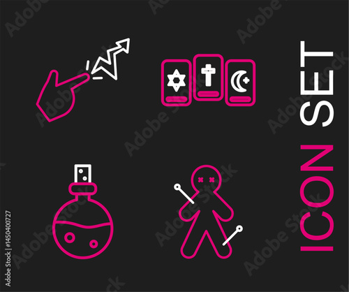 Set line Voodoo doll, Bottle with love potion, Three tarot cards and Spell icon. Vector
