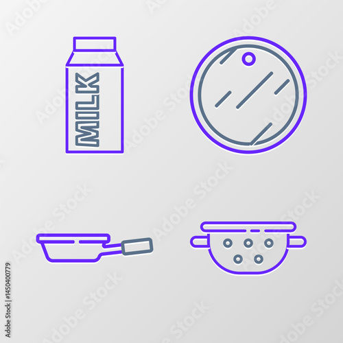 Set line Kitchen colander, Frying pan, Cutting board and Paper package for milk icon. Vector