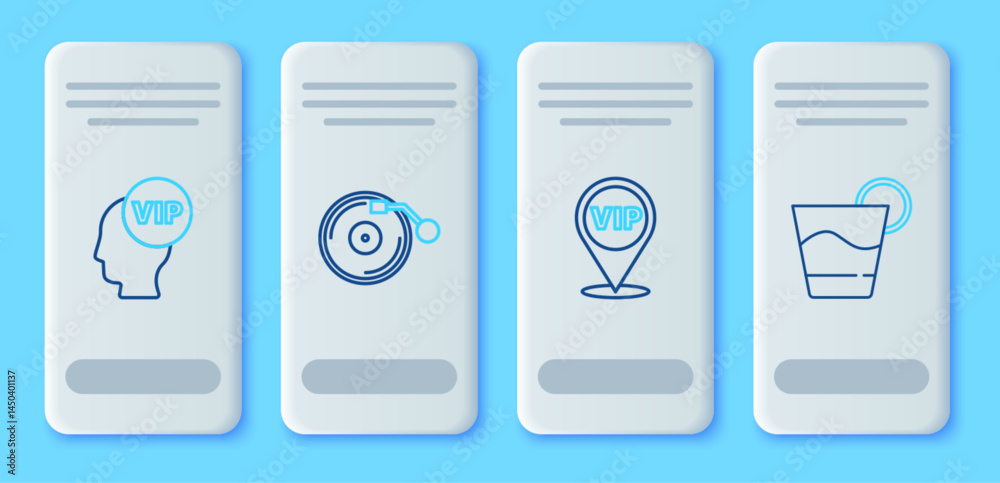 Set line Vinyl player with disk, Location Vip, inside head and Cocktail icon. Vector Set line Vinyl player with disk, Location Vip, inside head and Cocktail icon. Vector