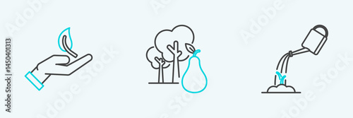 Set line Watering can with water, Sprout hand of environmental protection and Tree pears icon. Vector