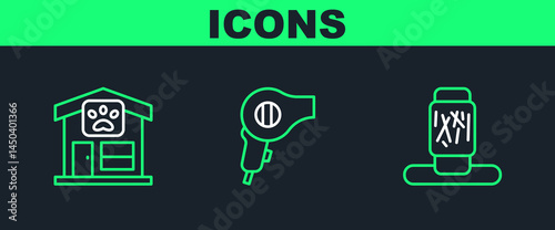 Set line Cat scratching post, Pet grooming and Hair dryer icon. Vector