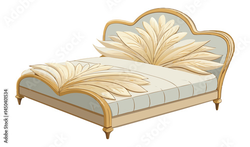 Elegant Canopy Bed with Intricate Design: An intricately crafted canopy bed with delicate golden feather design on the headboard.
