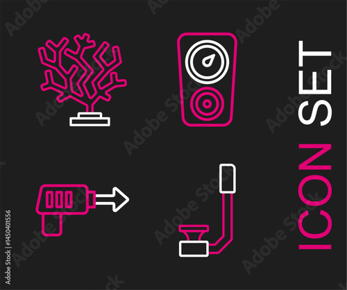 Set line Snorkel, Fishing harpoon, Gauge scale and Coral icon. Vector