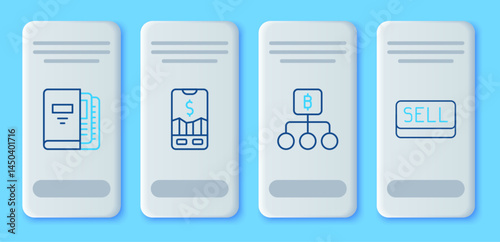 Set line Mobile stock trading, Blockchain technology Bitcoin, Office folders and Sell button icon. Vector