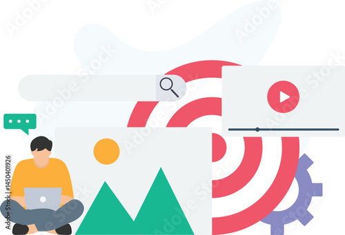A content creator is optimizing media for their target audience, using a search bar and video player. The creator is focused on refining content, searching for keywords, and adjusting video settings 