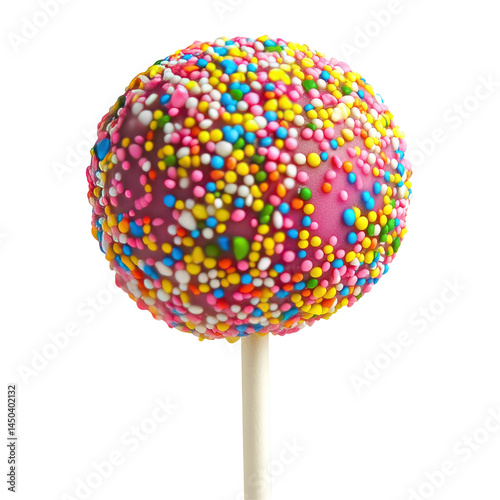 Round cake pop, vibrant colors, sprinkles.  Covered in a glossy,  purple-pink icing,  sprinkled with colorful, tiny candies.  Delicious, sweet treat on a stick