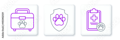 Set line Clipboard with medical clinical record pet, Pet first aid kit and Animal health insurance icon. Vector