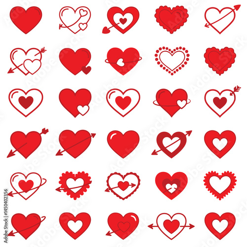 A collection of red heart icons in various styles arranged in a grid on a white backdrop, symbolizing love, affection, and care, ideal for Valentine’s Day or romantic-themed designs.

