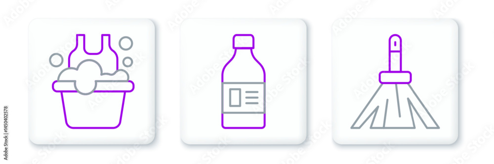 Set line Handle broom, Basin with soap suds and Bottle for cleaning agent icon. Vector Set line Handle broom, Basin with soap suds and Bottle for cleaning agent icon. Vector