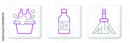 Set line Handle broom, Basin with soap suds and Bottle for cleaning agent icon. Vector