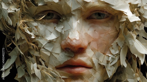 Close-up portrait of a person with a face covered in fragmented, light beige/off-white pieces, resembling paper or wood chips.  The person's eyes and lips are visible through the textured covering