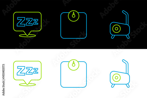 Set line Stationary bicycle, Sleepy and Bathroom scales icon. Vector