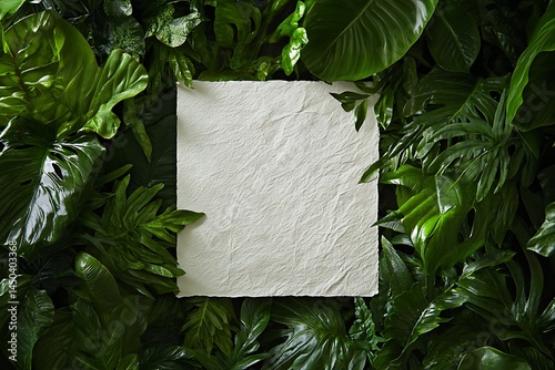 Textured White Paper Sheet Surrounded by Lush Tropical Green Foliage Background photo