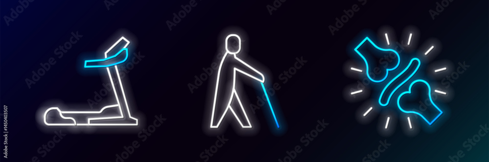 Obraz premium Set line Joint pain, knee pain, Treadmill machine and Blind human holding stick icon. Glowing neon. Vector