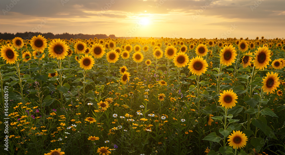 Obraz premium Scenic Sunflower Meadow at Dusk Embracing the Golden Hour Light