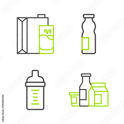 Set line Milk product, Baby milk in a bottle, Drinking yogurt and Paper package for icon. Vector