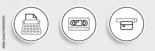 Set line Waist bag of banana, Retro typewriter and VHS video cassette tape icon. Vector