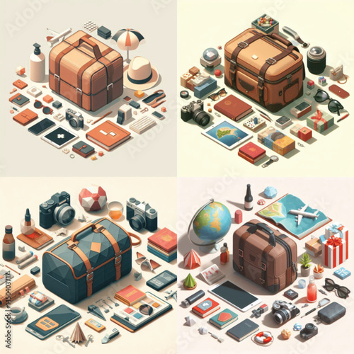 Travel essentials arranged around a stylish suitcase in isometric design  