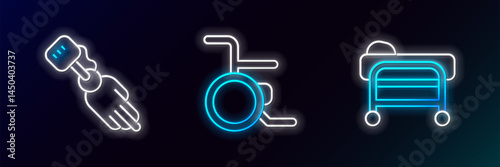 Set line Stretcher, Prosthesis hand and Wheelchair icon. Glowing neon. Vector