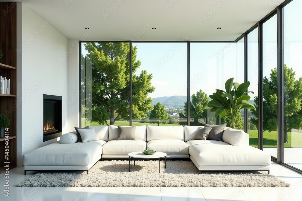 Fototapeta premium Sleek white concrete living area, large window , landscape, bright, texture