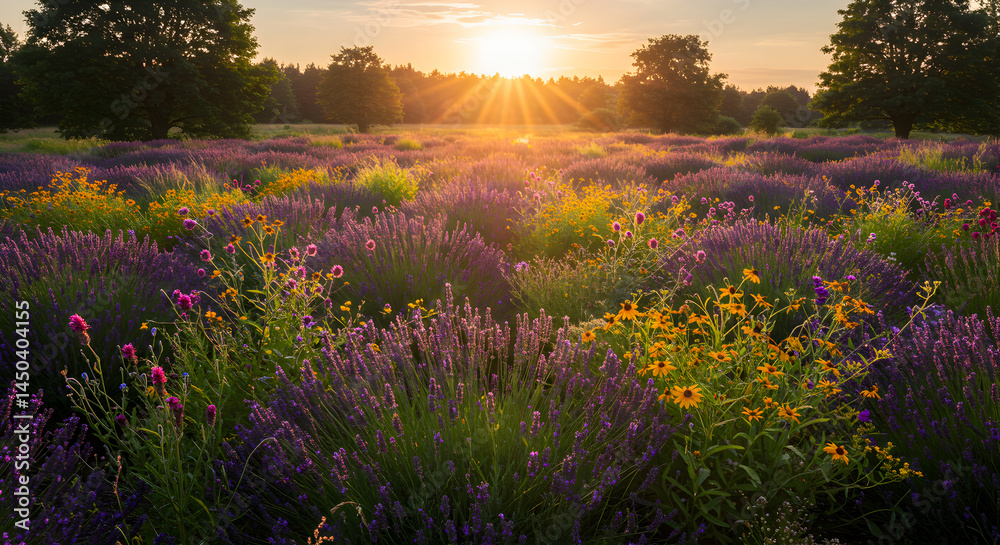 Obraz premium Lavender Field At Sunrise With Warm Light And Golden Rays