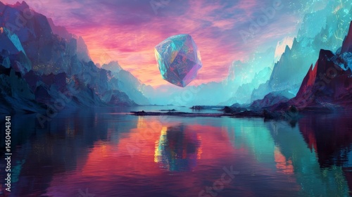Vibrant gem-like crystal floats above colorful water and icy fantasy mountains at dawn