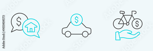 Set line Bicycle rental mobile app, Price negotiation and Car icon. Vector