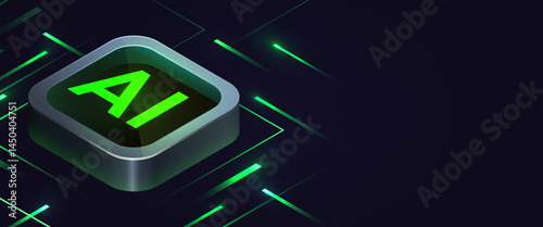 Brightly glowing glass computer chip on circuit board. Technology background. CPU processor on tech bg. Computer microchip on motherboard.