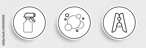 Set line Clothes pin, Water spray bottle and Soap water bubbles icon. Vector
