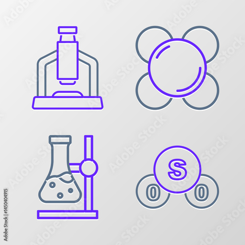 Set line Sulfur dioxide SO2, Test tube flask on stand, Molecule and Microscope icon. Vector