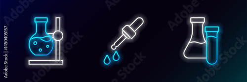 Set line Test tube, flask on stand and Pipette icon. Glowing neon. Vector