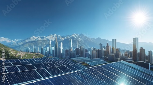 Panoramic city with solar panels, skyscrapers, and snow mountains under clear sky.