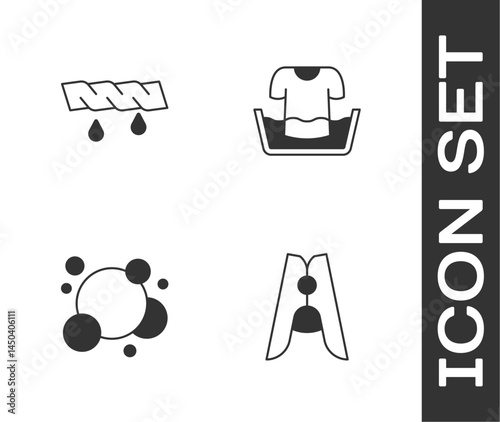 Set Clothes pin, Squeeze clothes, Soap water bubbles and Basin with shirt icon. Vector