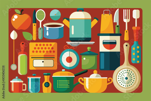 A vibrant flat design illustration showcasing a variety of kitchen tools and ingredients. Perfect for culinary themes, food, and home cooking projects. Eye-catching and ideal for creative uses.