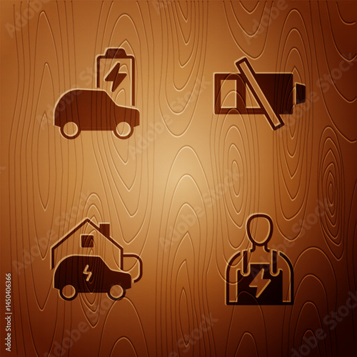 Set Car mechanic, Electric car, Charging at home and Low battery on wooden background. Vector