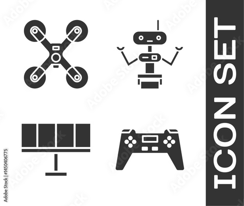 Set Gamepad, Drone flying, Solar energy panel and Robot icon. Vector