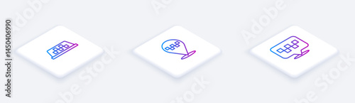 Set Isometric line Taxi car roof, Location with taxi and . White square button. Vector