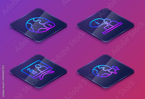 Set Isometric line World news, Television report, and . Blue square button. Vector