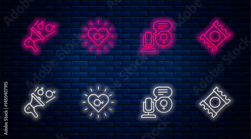 Set line Feminism, Microphone, Feminist activist and Condom package. Glowing neon icon on brick wall. Vector