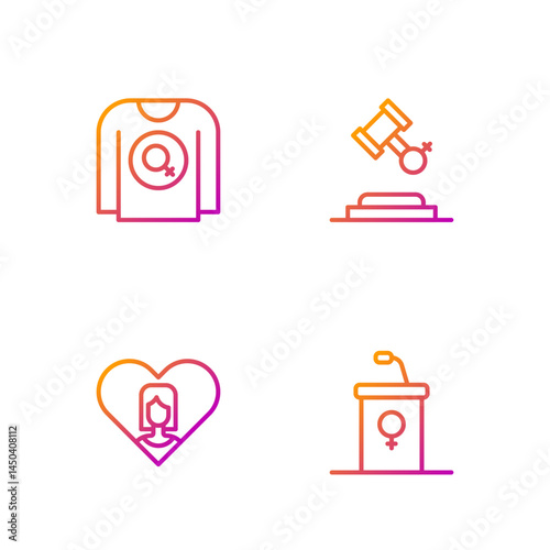 Set line Debate podium rostrum, Heart with female, Feminist shirt and Female rights. Gradient color icons. Vector
