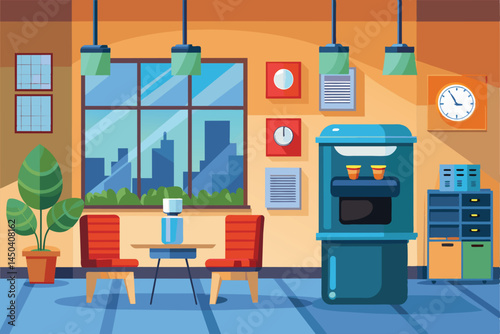 A stylish and inviting office lounge area featuring a coffee machine, seating, and a large window showcasing a city skyline. Ideal for relaxation or informal meetings.