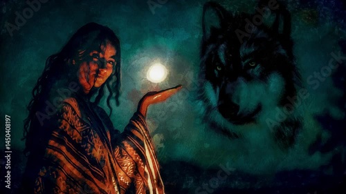 beautiful woman and wolf at the moon. Loop Animation.