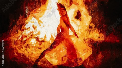 beautiful shamanic woman dancing by the fire. Painting effect. Loop Animation.