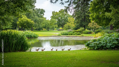 Fototapeta Naklejka Na Ścianę i Meble -  Park with a pond, ducks, and surrounding lush green trees and bushes on white