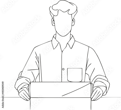 Male Character Opening Package Box – Minimalist Black Line Vector SVG for E-commerce Websites, Delivery Apps, and Unboxing Tutorials