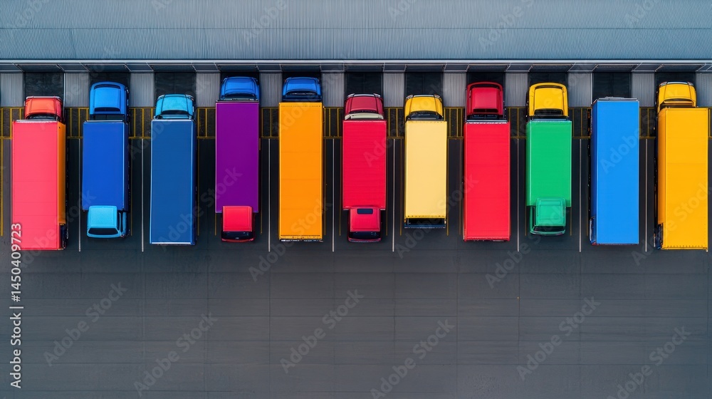 Colorful trucks parked at loading dock aerial view Colorful trucks parked at loading dock aerial view