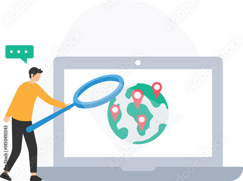 A businessman is exploring a detailed world map on his laptop screen or examining global markets with a virtual magnifying glass, zooming into specific regions or countries to analyze economic data 