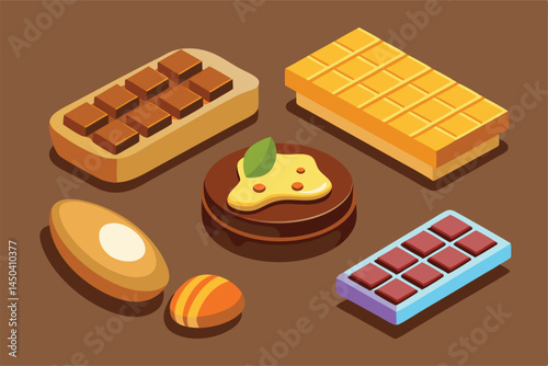 Illustration featuring various chocolate bars and sweets arranged on a brown backdrop. Perfect for themes of indulgence, confectionery, and dessert. Vibrant and inviting visual appeal.