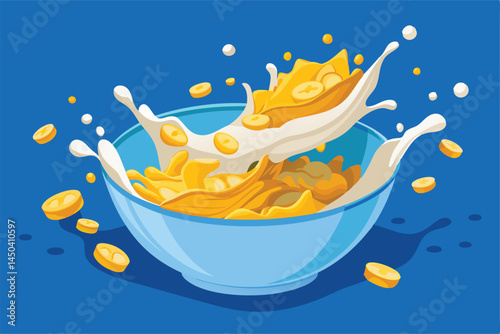 Illustration of cereal and banana slices splashing with milk in a blue bowl. Perfect for breakfast visuals, conveying freshness, energy, and a healthy start to the day.